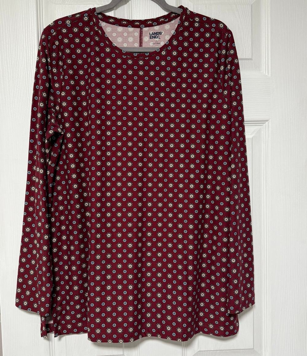 Lands' End Women's Maroon Print Long Sleeve Top Size Large